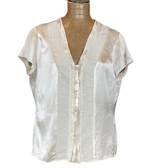 Coldwater Creek Silk Short Sleeve Button-Front Top Shirred Ruffled Accent L 289L - Picture 2 of 10